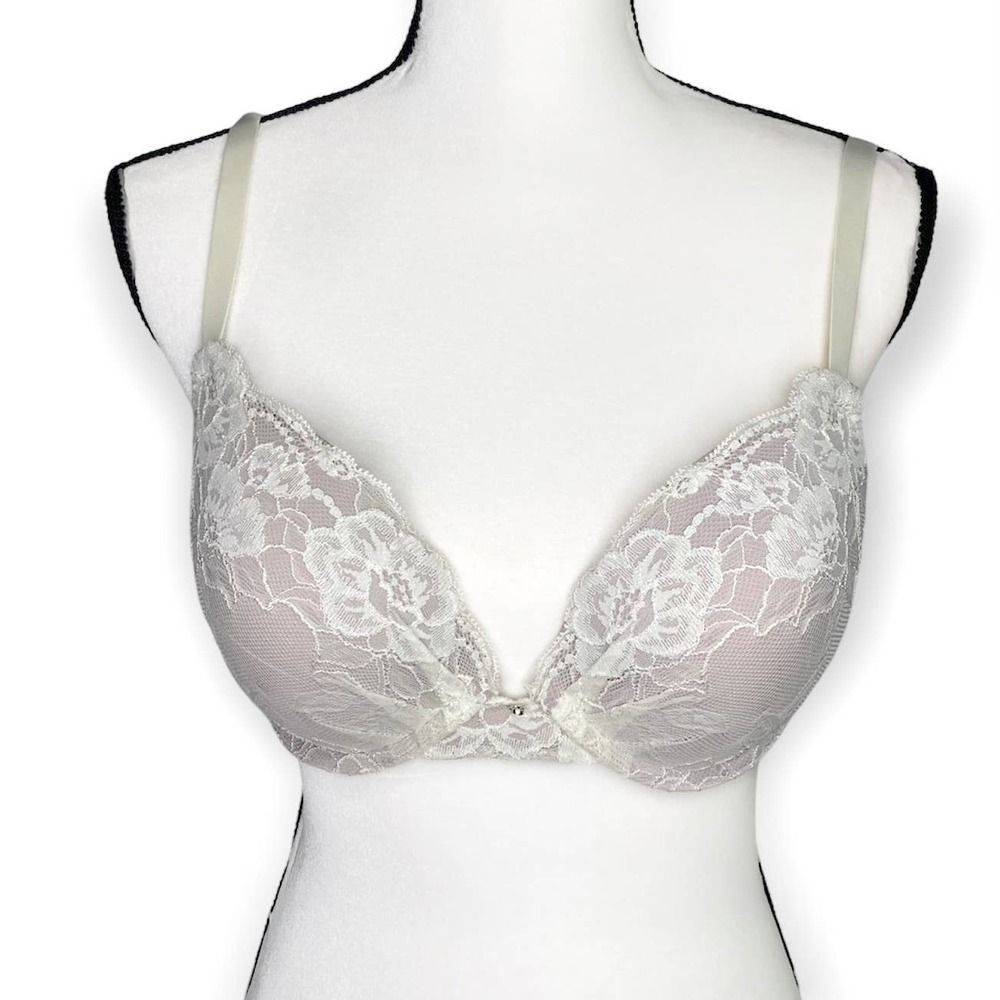 MaidenForm Lace Floral Padded Comfort Bra Off White Purple 34D Jeweled